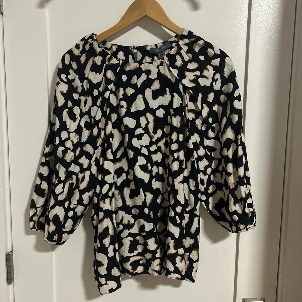 NWT Primark UK Black White and Brown Leopard-Print Balloon Sleeve Blouse
